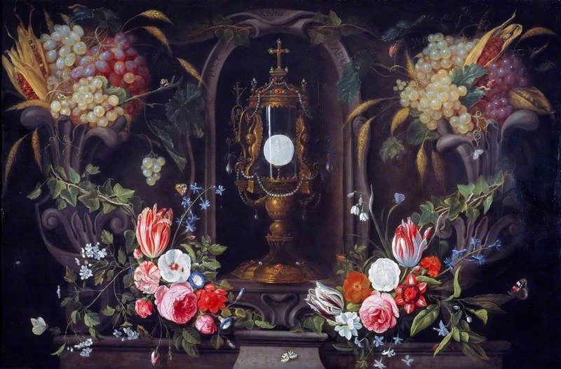 Natura morta di fiori e uva che circonda un ostensorio in una nicchia - National Galleries of Scotland